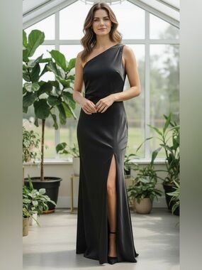 BHLDN Black One Shoulder Satin Gown Size 8 Formal Dress